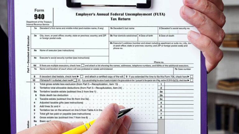 Form 940 on a clipboard.