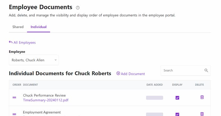 Screenshot of Patriot's Employer Documents tool in the HR software add-on.