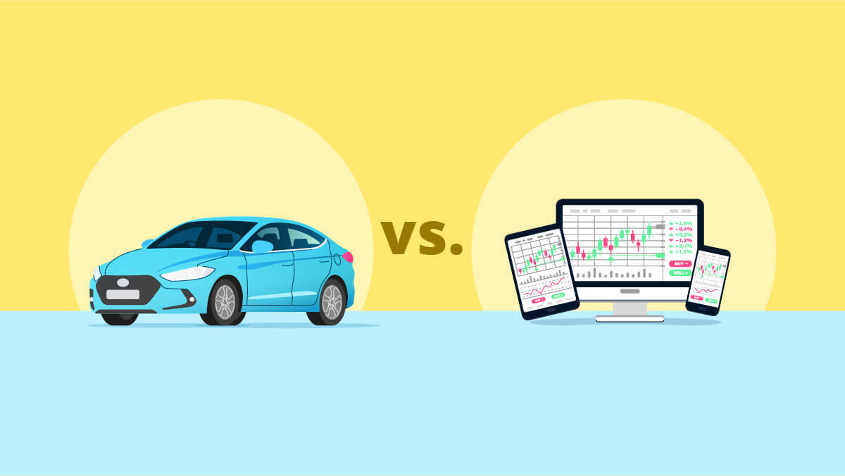 Illustration of a car vs. illustration of graphs on screens.