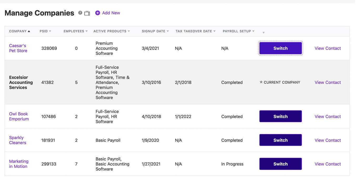 Patriot's Manage Companies page for accountants in Patriot's Partner Program.