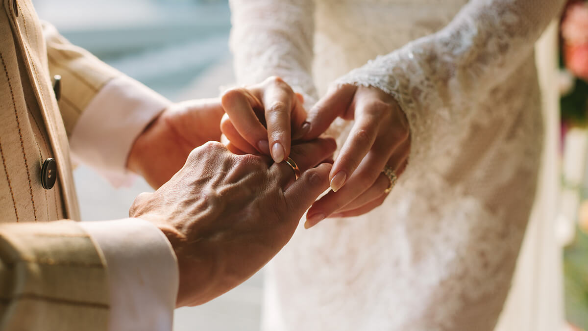Bride putting wedding ring on groom's finger.
