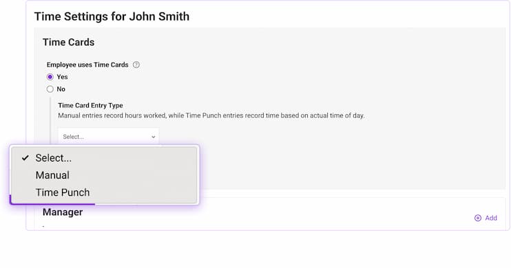 Screenshot of Patriot's Choose Time Entry Type in the Time & Attendance software add-on.