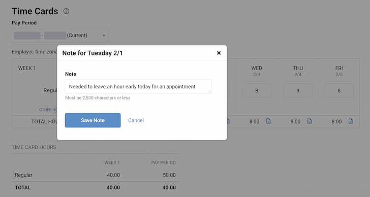 Screenshot of Patriot's Time Card Daily Notes in the Time & Attendance software add-on.