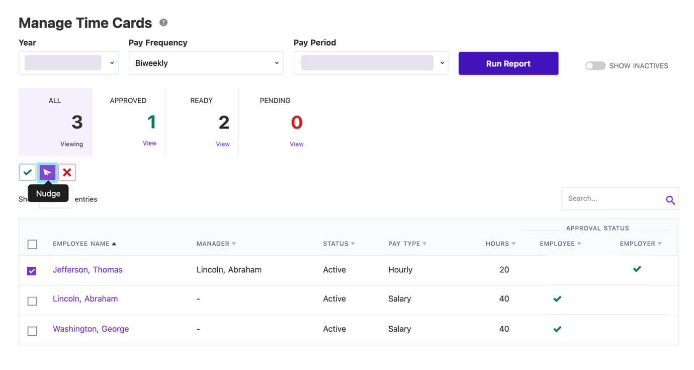 Patriot's Manage Time Cards tool, emphasizing the ability to nudge employees, in the Time & Attendance software add-on.