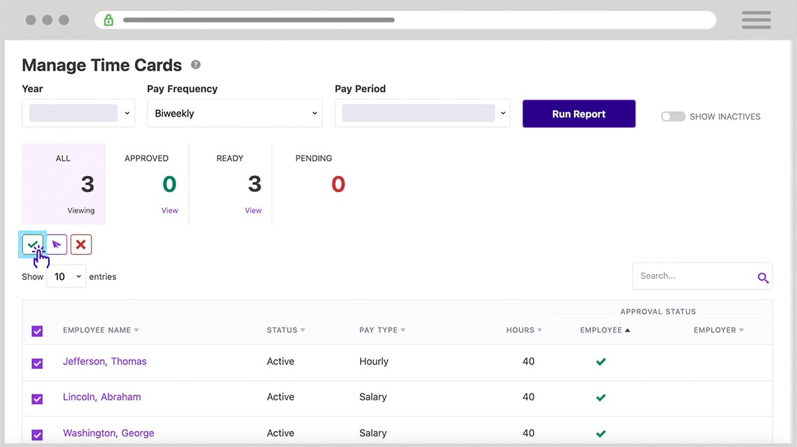 Approving time cards on Patriot's Manage Time Cards tool in the Time & Attendance software add-on.