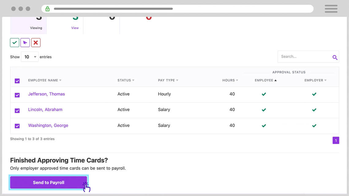 User clicking 'Send to Payroll,' in Patriot's Time & Attendance Software add-on. This button sends time card information directly to Patriot's payroll.