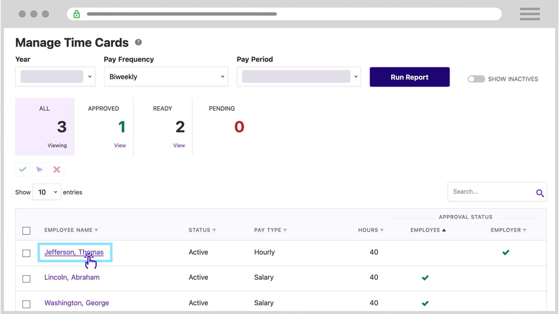 Patriot's Manage Time Cards tool, showing how to view time cards in Patriot's Time & Attendance software add-on.