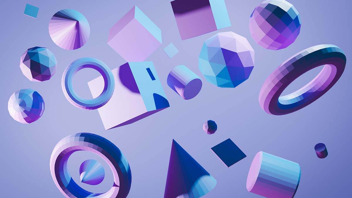 Assorted abstract purple shapes.
