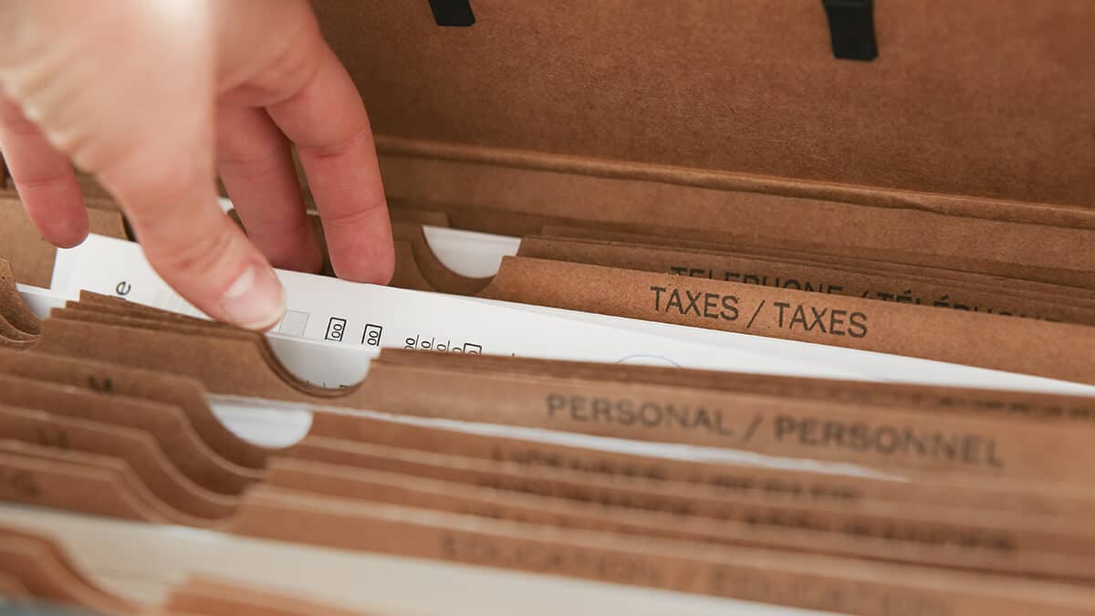 Business files reading "Taxes."