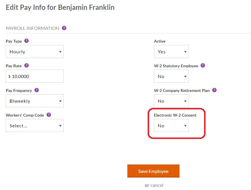 Screenshot of alternate electronic W-2 consent method inside of Patriot's payroll software.