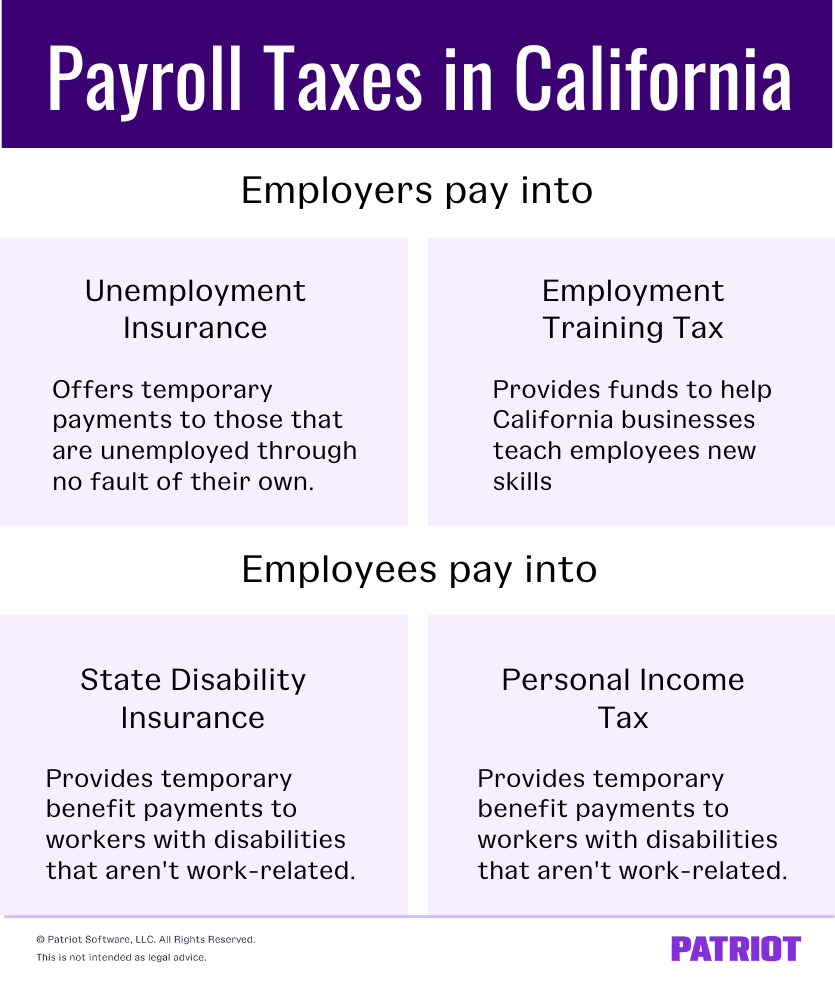 The graphic titled "Payroll taxes in California" describes the four different payroll taxes of California. The four taxes are divided into two groups, those that employers pay into and those that employees pay into. Payroll taxes that employers pay into include employment insurance and employment training tax. Payroll taxes that employees pay into include state disability insurance and personal income tax.