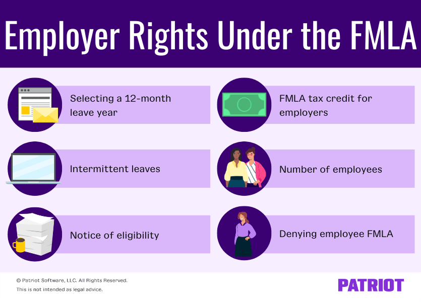 Employer rights under FMLA: Selecting a 12-month leave year, intermittent leaves, notice of eligibility, FMLA tax credit for employers, number of employees, denying employee FMLA