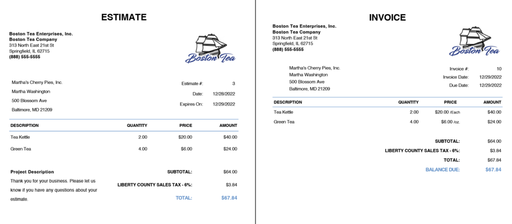 estimate and invoice examples from Patriot Software's demo, side by side.