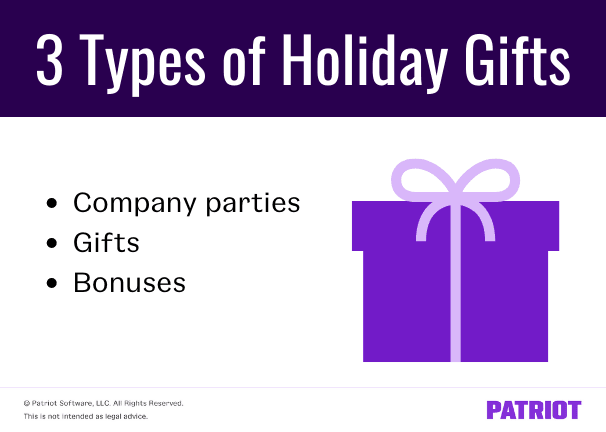 There are three types of holiday gifts to consider. They include company parties, gifts, and bonuses.