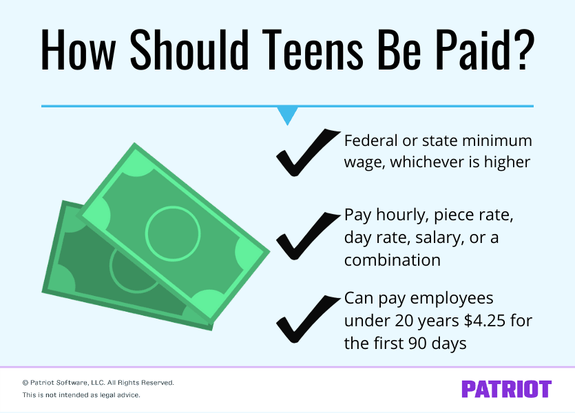 How should teens be paid? Federal or state minimum wage, whichever is higher. Pay hourly, piece rate, day rate, salary, or a combination. Can pay employees under 20 years $4.25 for the first 90 days.