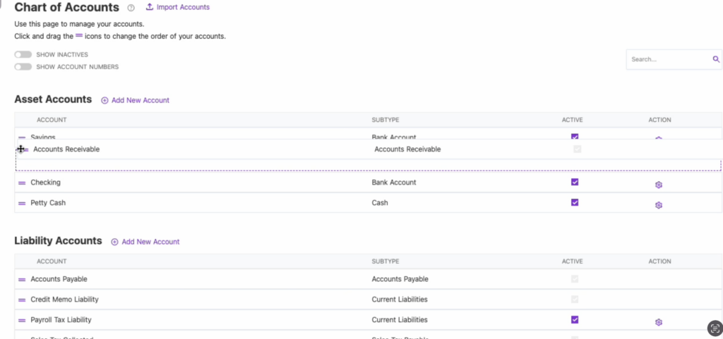 Chart of accounts screenshot in Patriot Software.