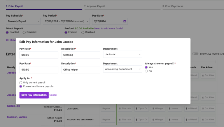example of making a change to an hourly employee during payroll on Patriot Payroll step one.