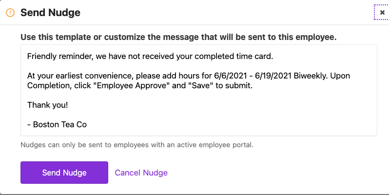 Example of the Send Nudge tool in Patriot's Time & Attendance software add-on.