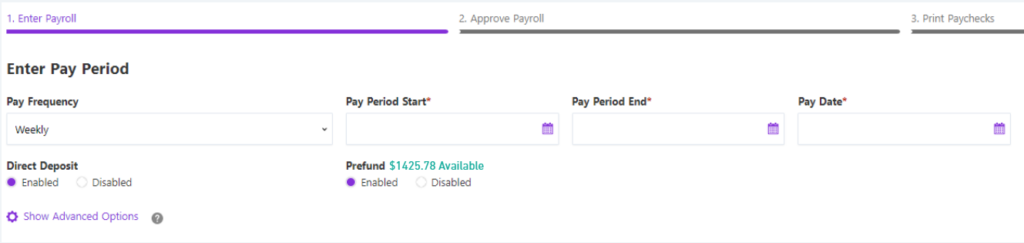 example of prefund enable/disable setting Prefund balance display on Step 1 of Patriot's payroll Software