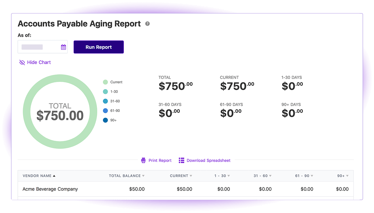 Screenshot of Patriot Software Accounts Payable Aging