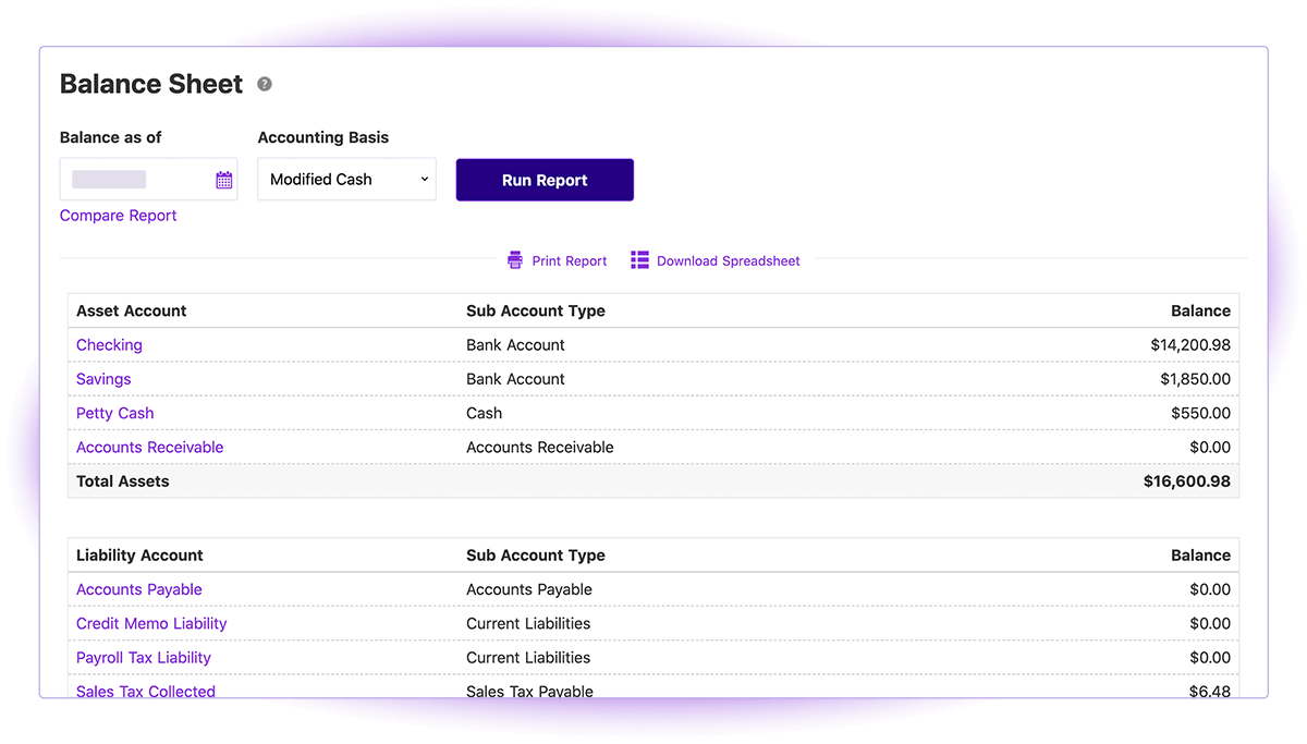 Screenshot of Patriot Software Balance Sheet