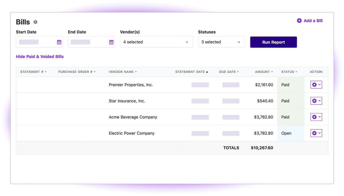 Screenshot of Patriot Software Bill Listing