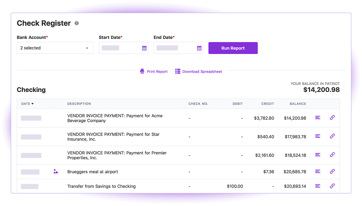 Screenshot of Patriot Software Check Register