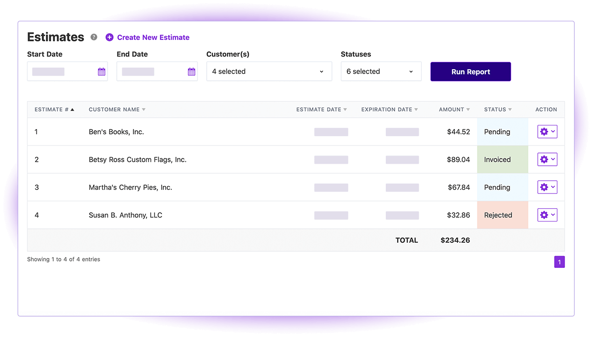 Screenshot of Patriot Software Customer Estimates