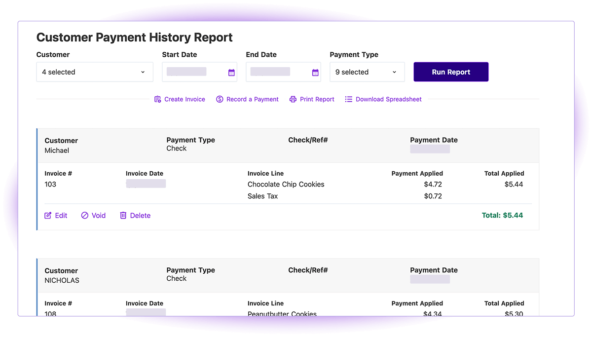 Patriot's Customer Payment History Report in the accounting software product.