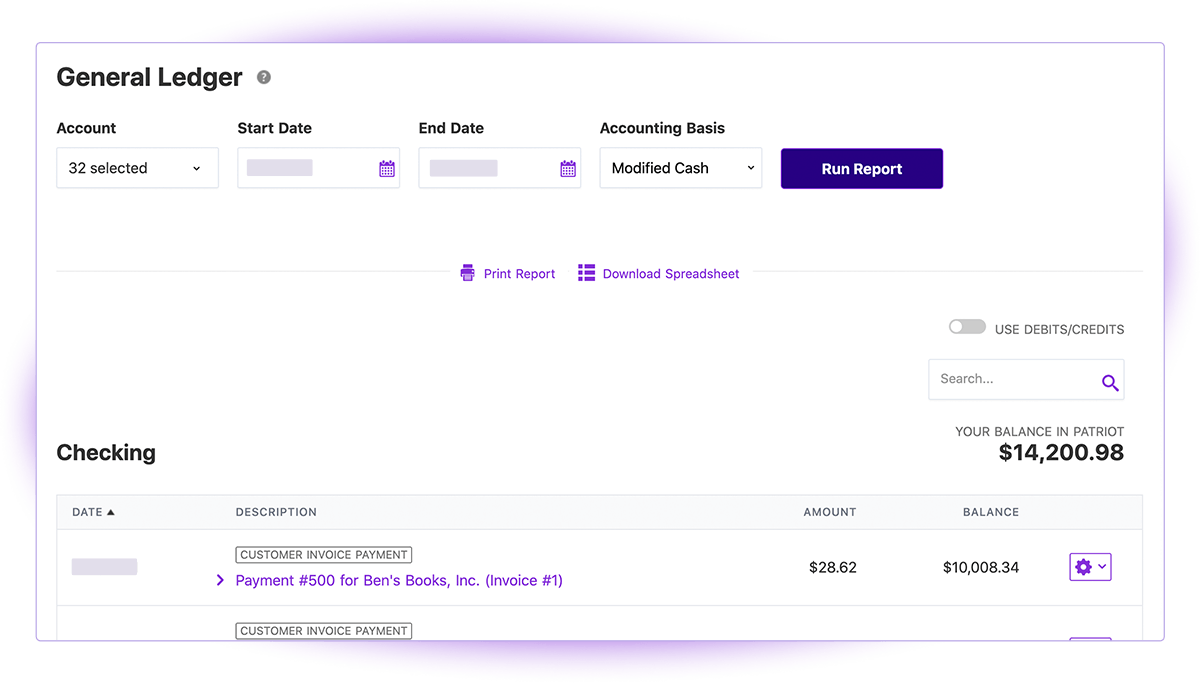 Screenshot of Patriot Software General Ledger