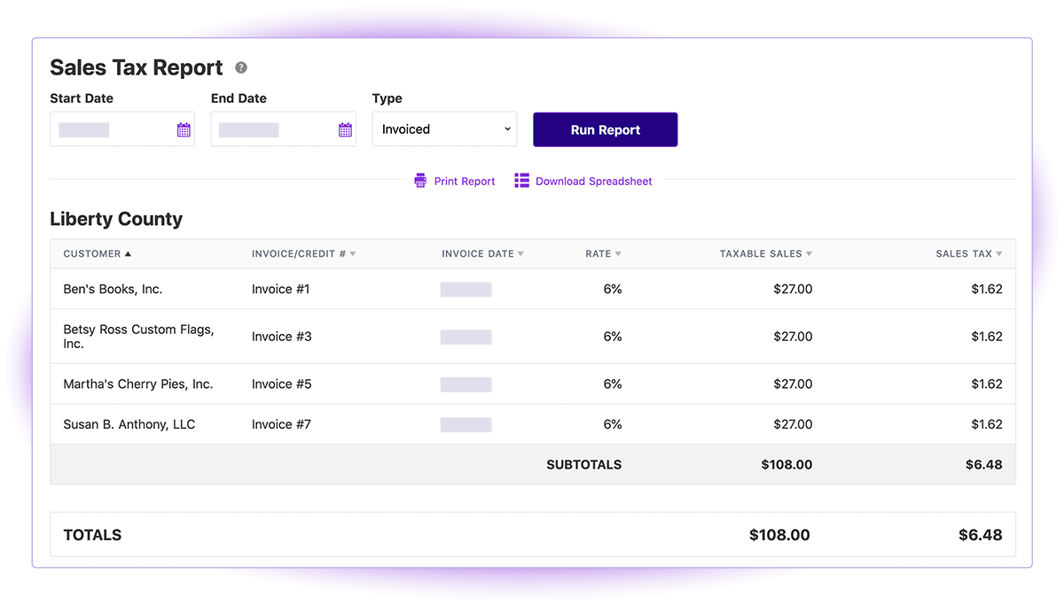 Screenshot of Patriot Software Sales Tax Report