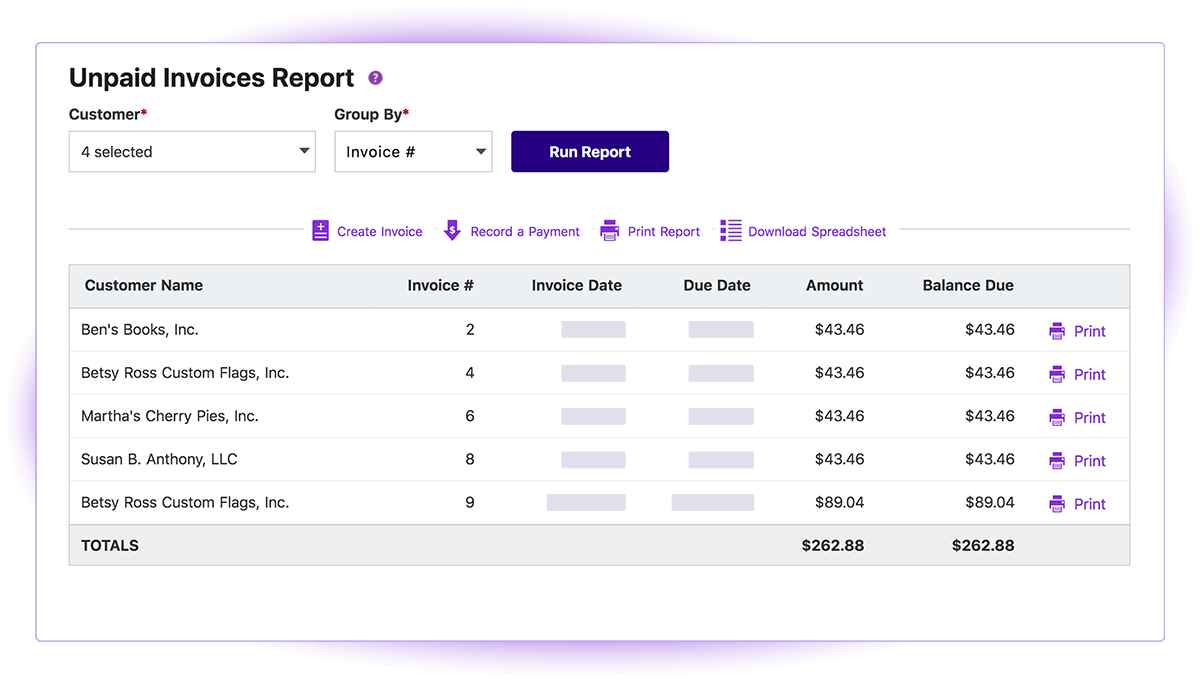 Screenshot of Patriot Software Unpaid Customer Invoices