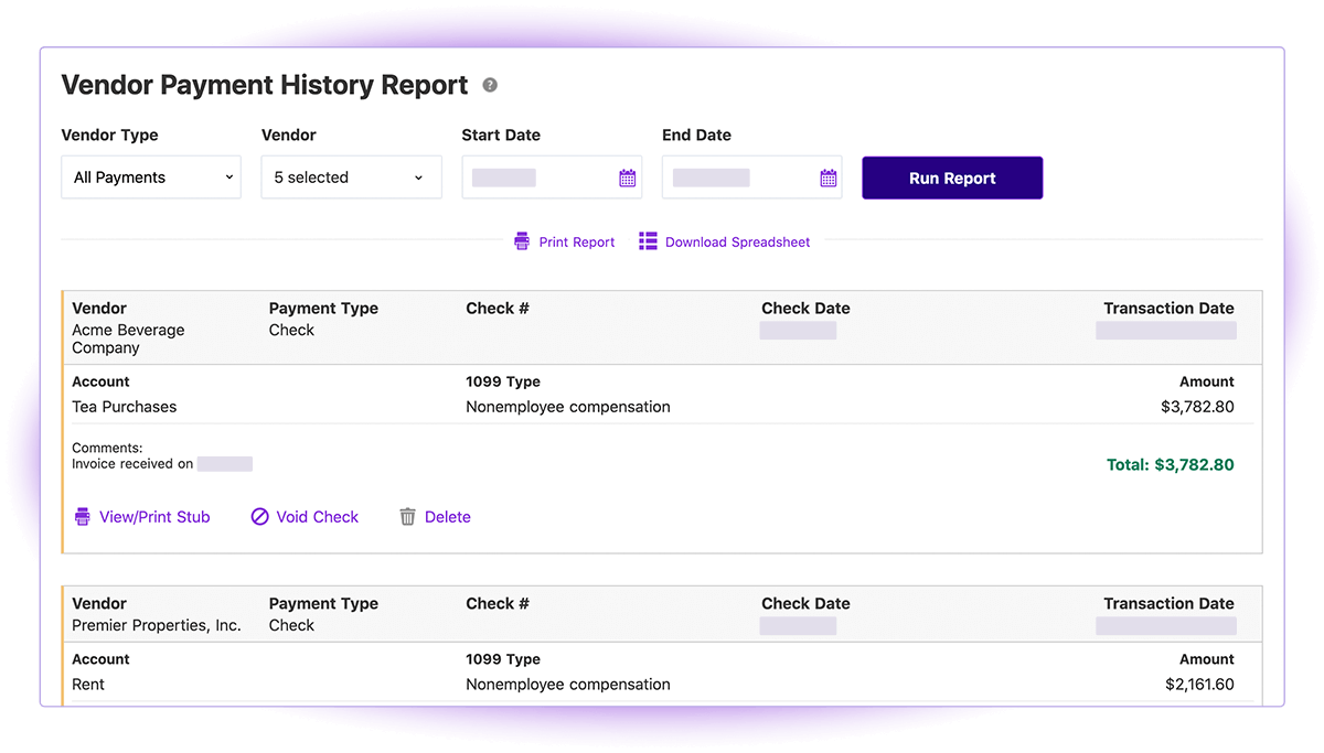 Screenshot of Patriot Software Vendor Payment History