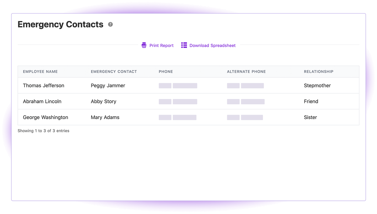 Patriot's Emergency Contacts report in Patriot's HR software add-on.