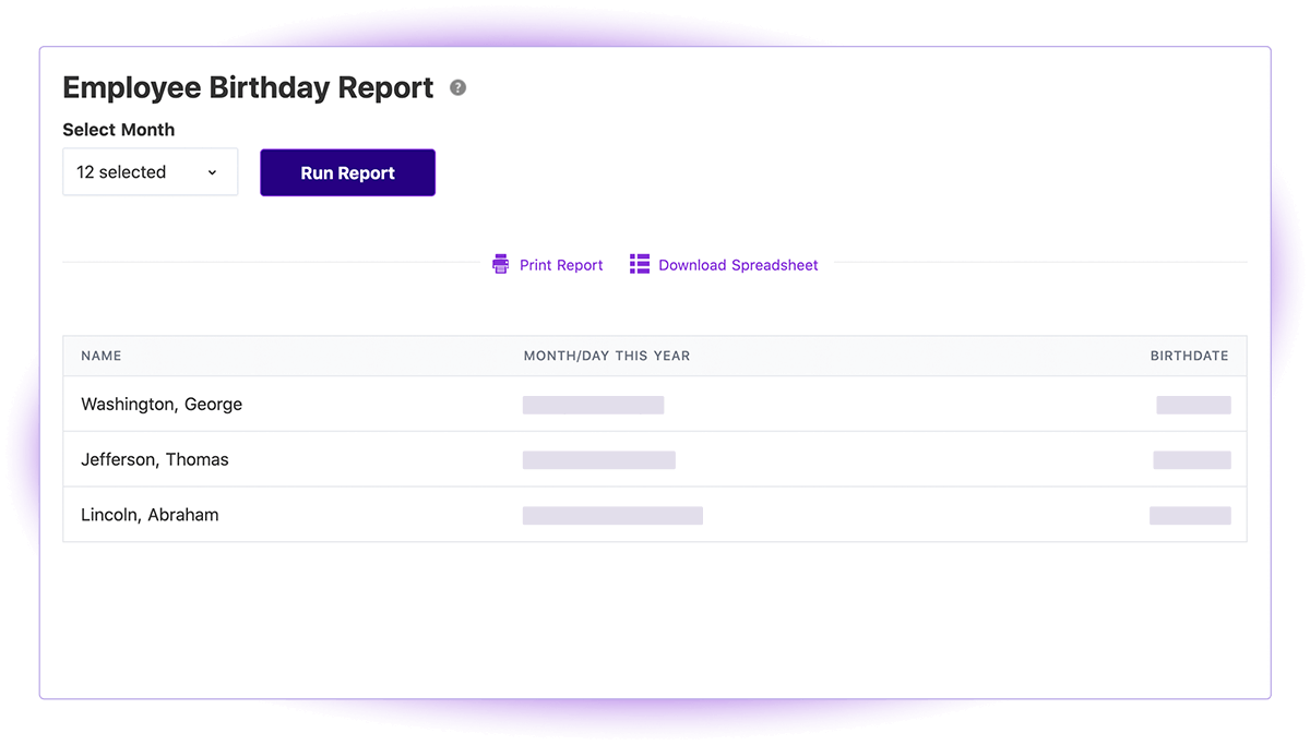 Patriot's Employee Birthday Report in Patriot's HR software add-on.