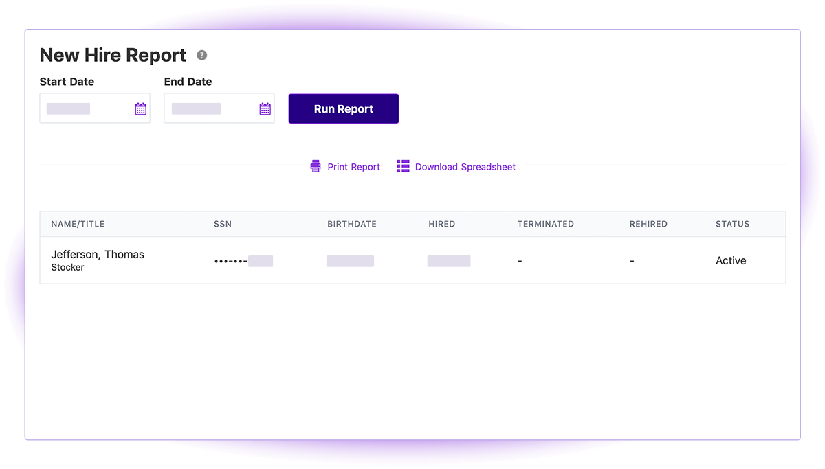 Patriot's New Hire Report in the HR software add-on.