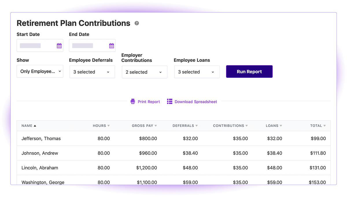 Patriot's Retirement Plan report in the HR software add-on.