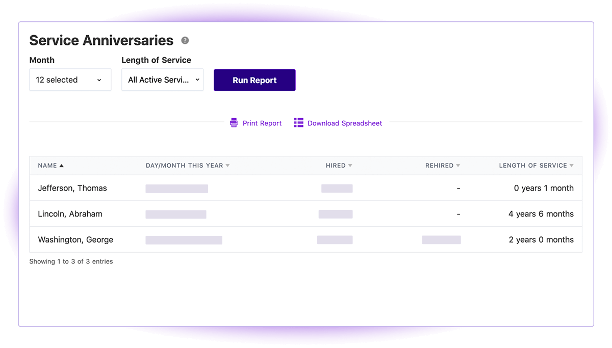 Patriot's Service Anniversaries report in the HR software add-on.
