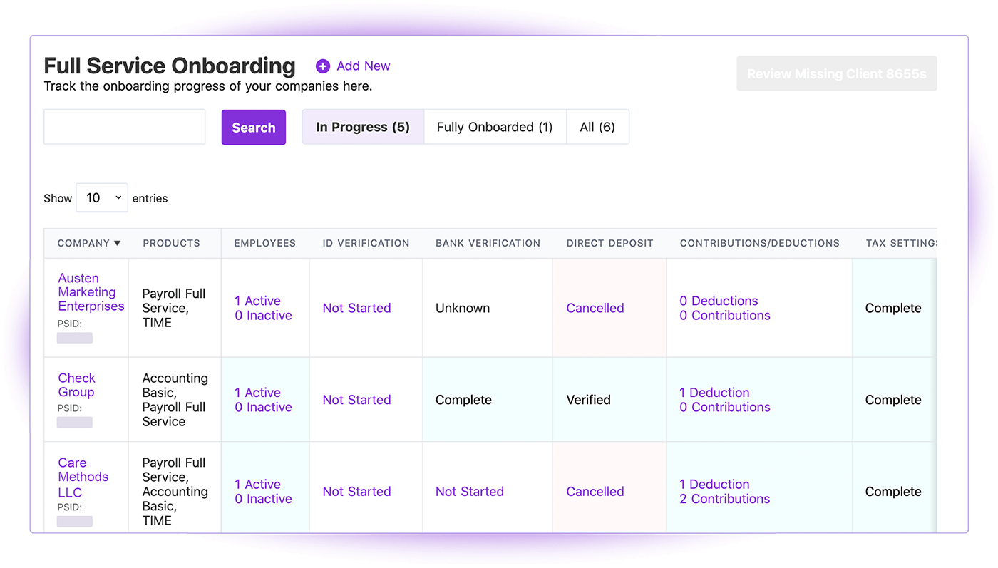 Patriot's Full Service Onboarding Report for accountants in Patriot's Partner Program.