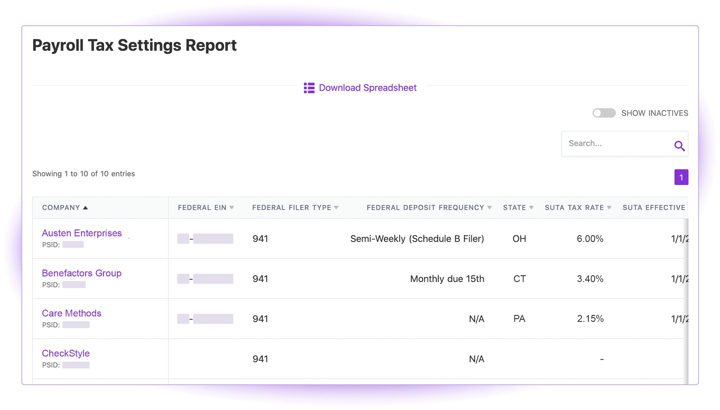 Patriot's Payroll Tax Settings Report for accountants in Patriot's Partner Program.