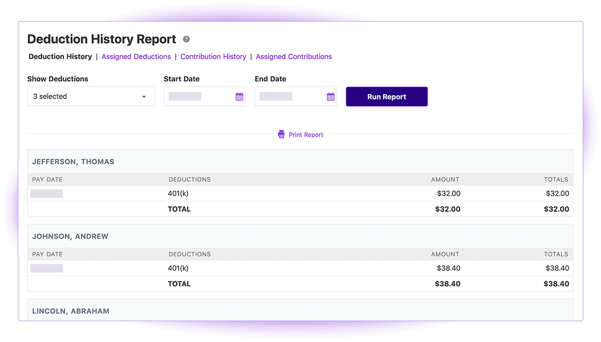 Screenshot of Patriot Software Deduction History