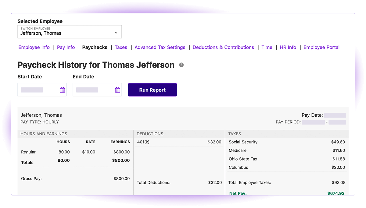 Screenshot of Patriot Software Individual Paycheck History