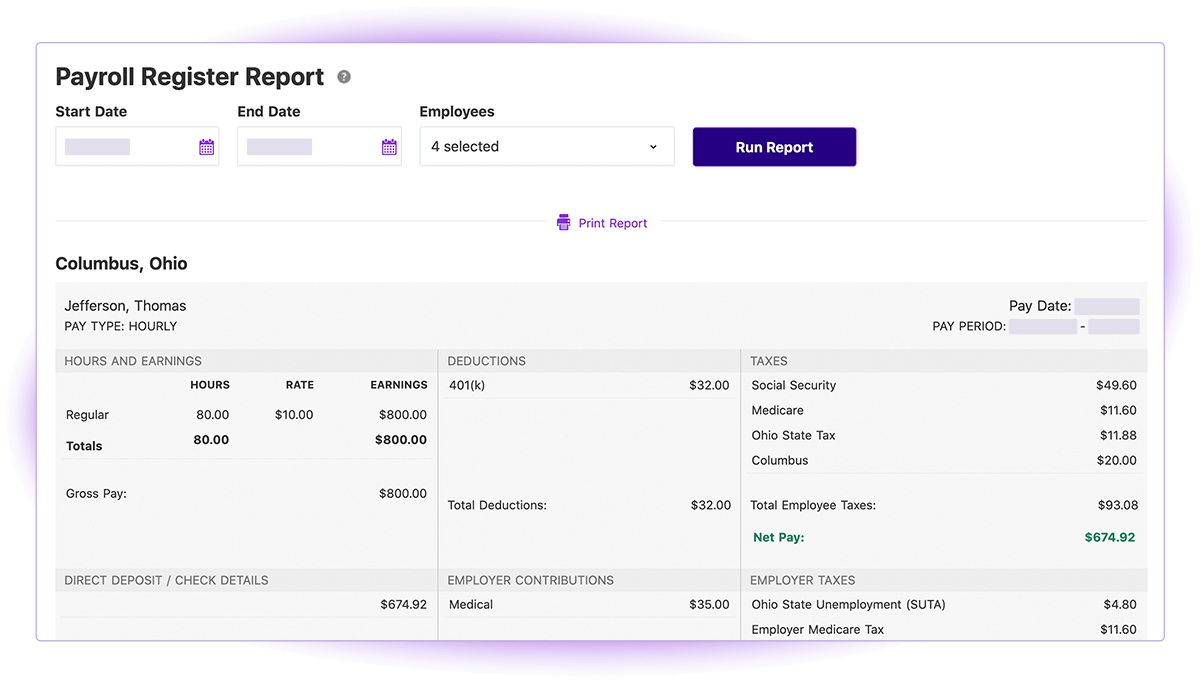 Screenshot of Patriot Software Payroll Register