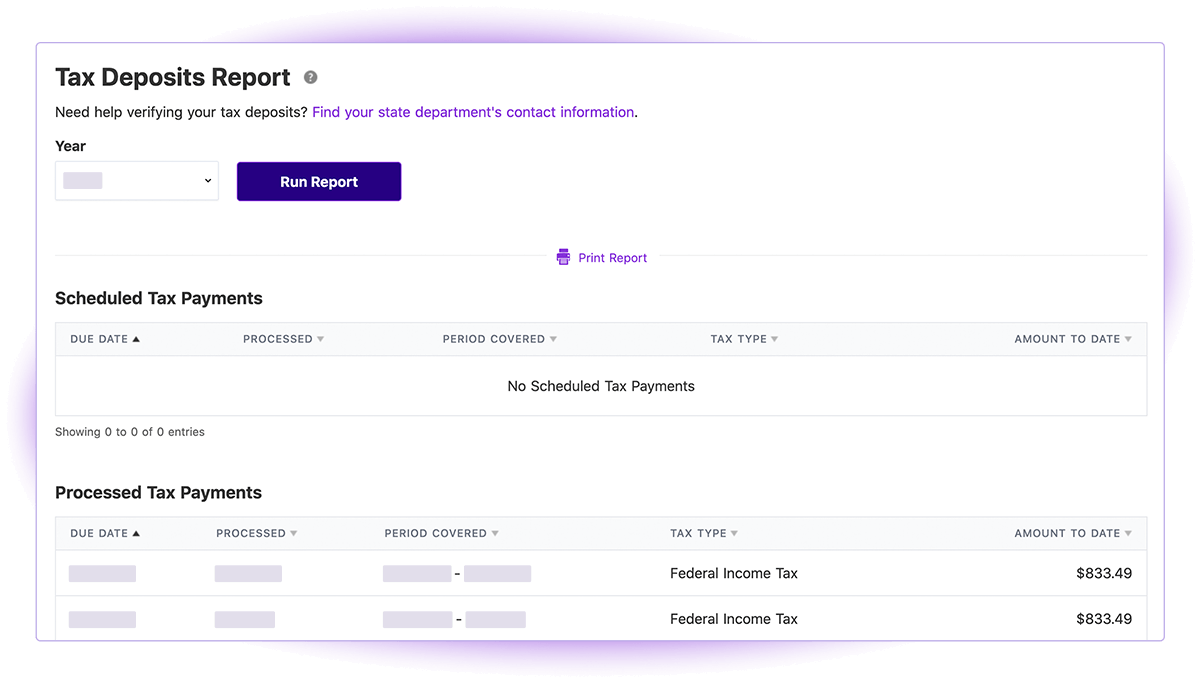 Screenshot of Patriot Software Payroll Tax Deposit Report