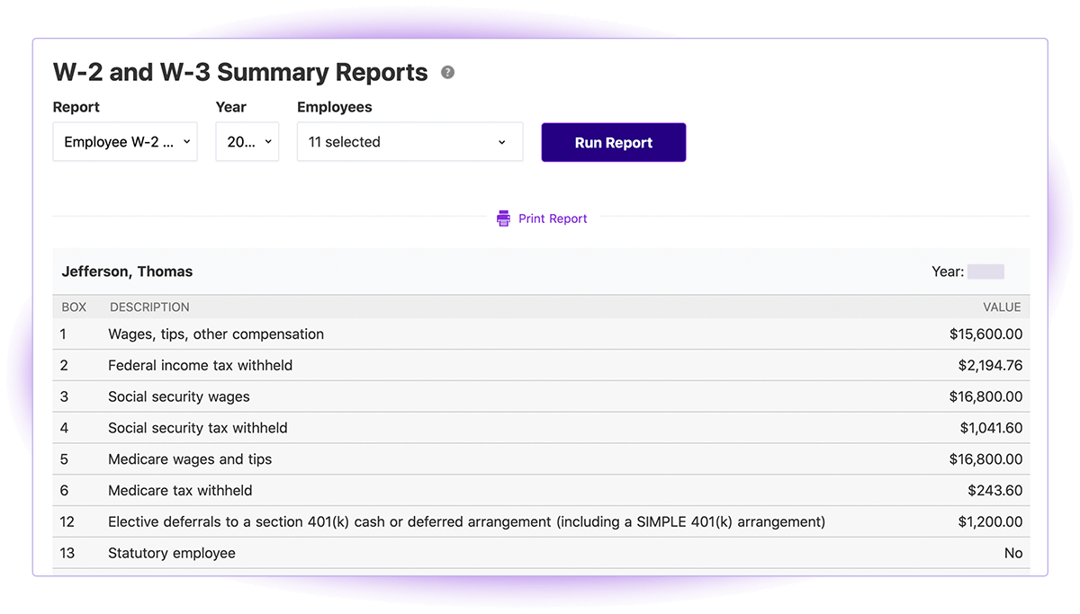 Screenshot of Patriot Software W-2 Summary Report