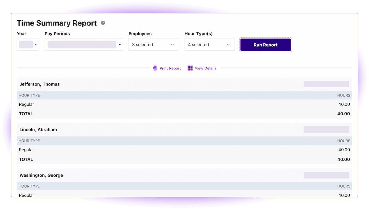 Patriot's Time Summary Report in the Time & Attendance software add-on.