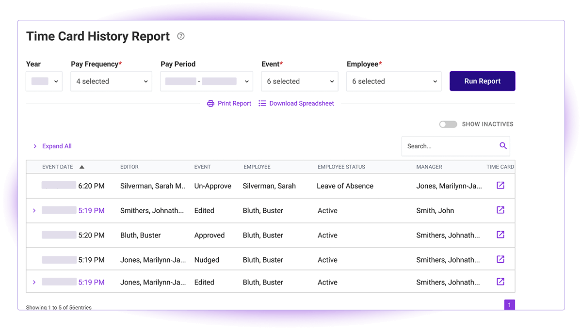 Patriot's Time Card History Report in the Time & Attendance software add-on.