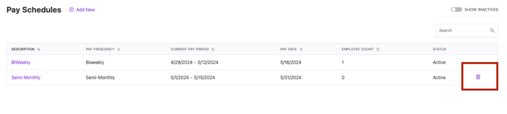example of pay schedules list with trash can icon