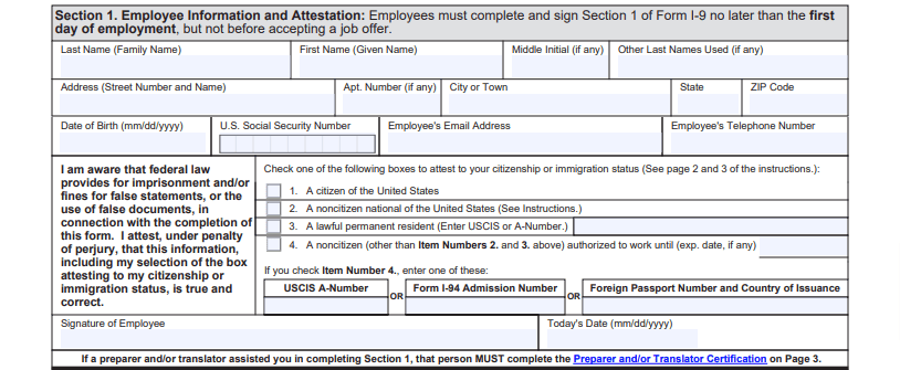 Section 1 of Form I-9: Employee Information and Attestation. Screenshot of the USCIS I-9 PDF.