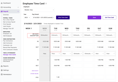 Employee time card example in Patriot Software.